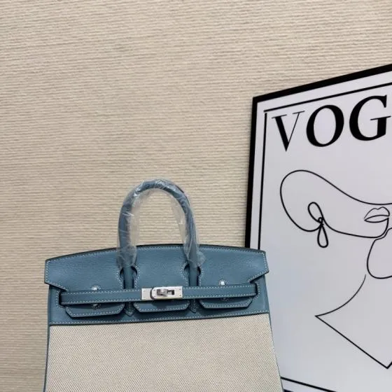 Hermes Birkin 30 Blue Swift and Beige canvas 30cm everyday — Top Quality Replica
