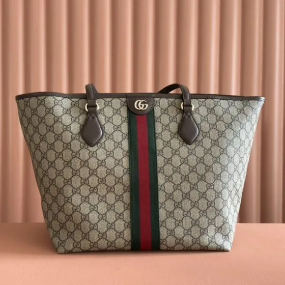 Gucci Ophidia Beige Ebony GG Supreme with green and red Web tote