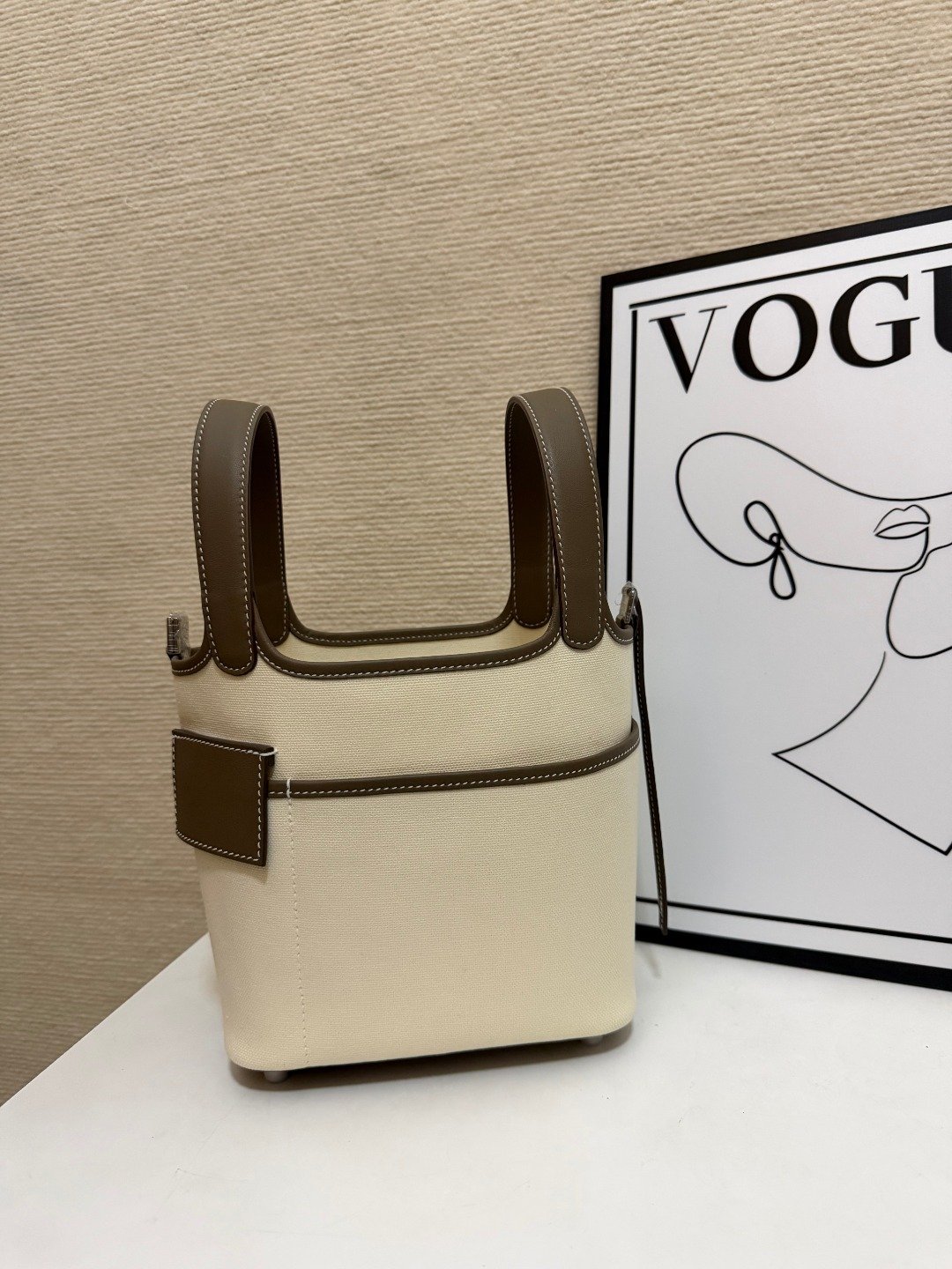 Hermes Cargo Picotin Cream canvas with taupe leather 18cm everyday