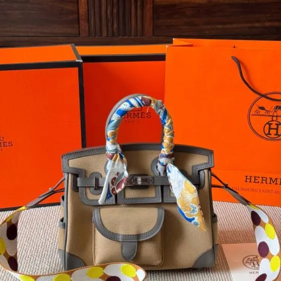 Hermes Birkin Cargo Beige canvas with gray leather 25 handbag — AAA Quality Replica