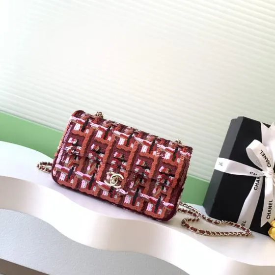 Chanel Classic Flap Pink red sequin tweed mini crossbody Top Quality Replica