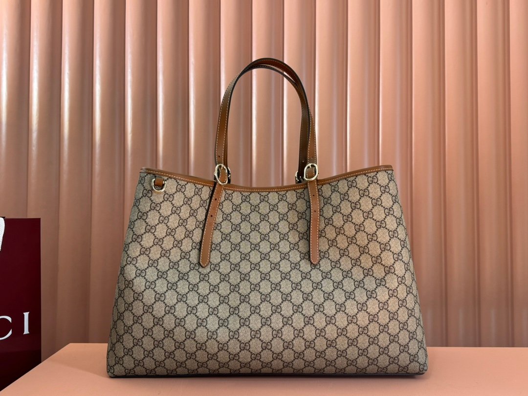Gucci GG Emblem Beige Ebony GG Supreme with Brown leather trim tote everyday