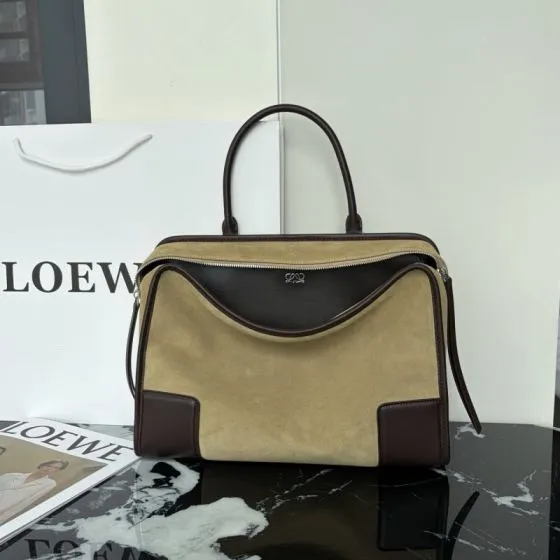 Loewe Amazona Beige suede with dark brown leather trim work Premium Replica