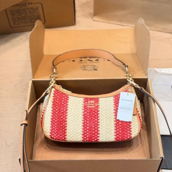 Coach Red beige striped straw with tan leather trim 22x12cm crossbody bag Premium Replica