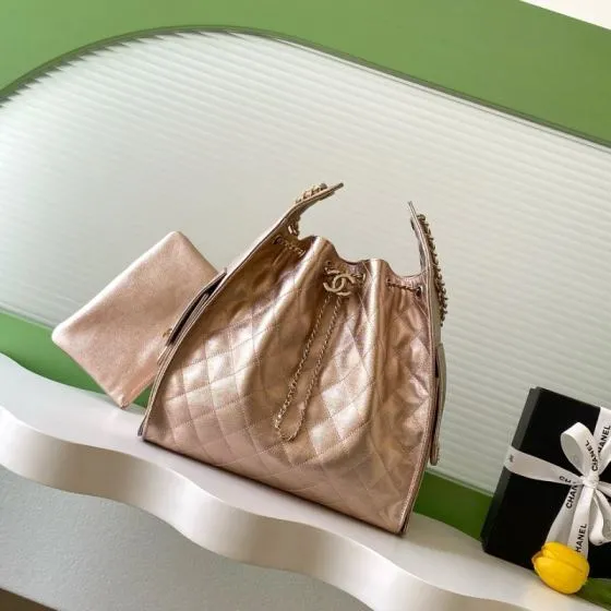Chanel Drawstring Bucket Bag Metallic beige shoulder Top Quality Replica