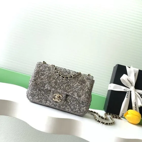 Chanel Classic Flap Silver crystal mini evening AAA Quality Replica
