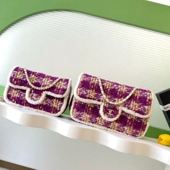 Chanel Flap Bag Purple tweed with white trim shoulder 1 1 Replica