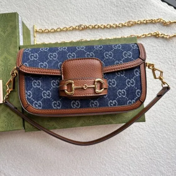 Gucci Horsebit 1955 Blue GG denim and brown leather shoulder AAA Quality Replica