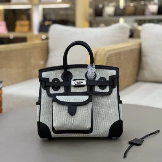 Hermes Cargo Ecru Black canvas and leather 25cm everyday — Top Quality Replica
