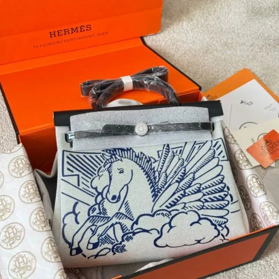 Hermes Herbag Ecru canvas with blue print and black leather everyday AAA Quality Replica