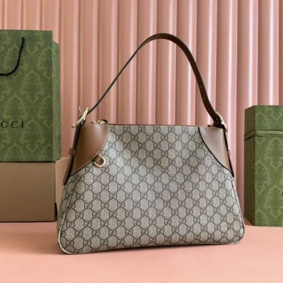 Gucci Ophidia GG Supreme Beige Ebony with Brown leather shoulder 1 1 Replica