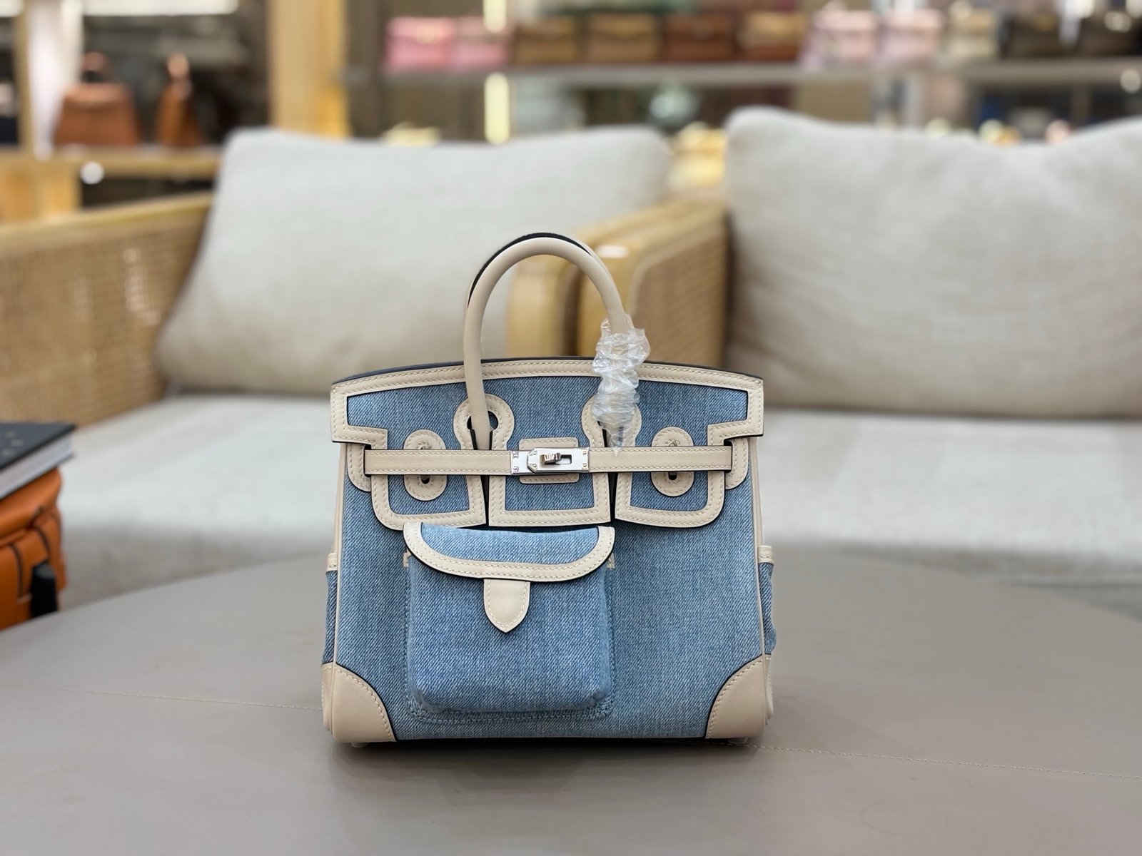 Hermes Cargo 25 Blue denim and beige 25cm handbag everyday