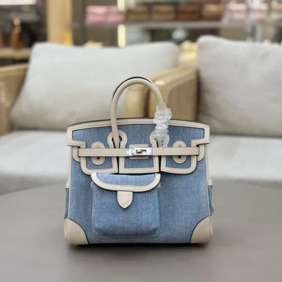 Hermes Cargo 25 Blue denim and beige 25cm handbag — Top Quality Replica