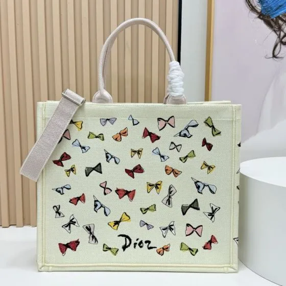 Dior Book Tote Ivory canvas with multicolor bow print — 1:1 Replica