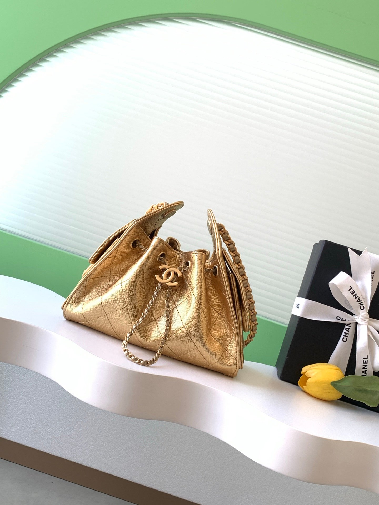 Chanel Drawstring Hobo Metallic gold shoulder everyday
