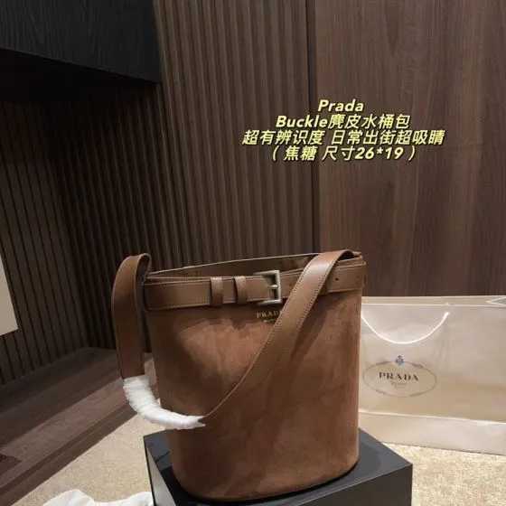 Prada Buckle Caramel suede Black suede 26 19cm shoulder Top Quality Replica