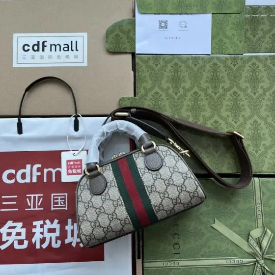 Gucci GG Supreme Ophidia GG Supreme with brown leather and green-red-green stripe crossbody AAA Quality Replica