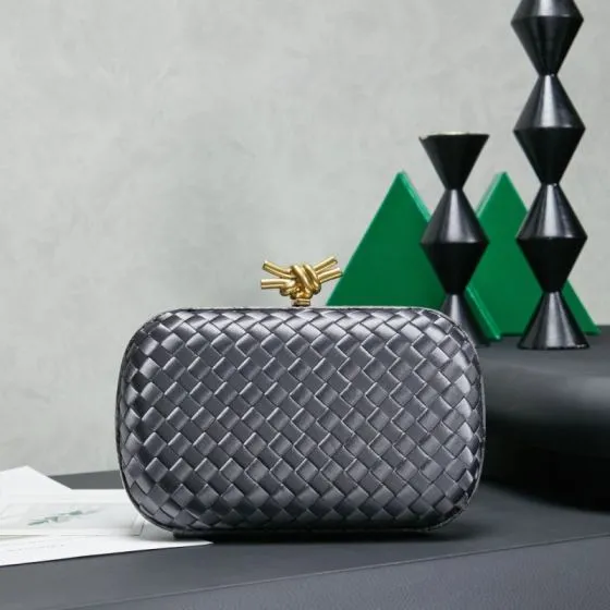 Bottega Veneta Knot Clutch Metallic dark gray Intrecciato woven satin with snakeskin trim 20x12cm clutch Premium Replica