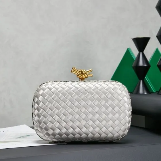 Bottega Veneta Knot Silver Intreccio Satin with Python Trim 20x12cm clutch Premium Replica
