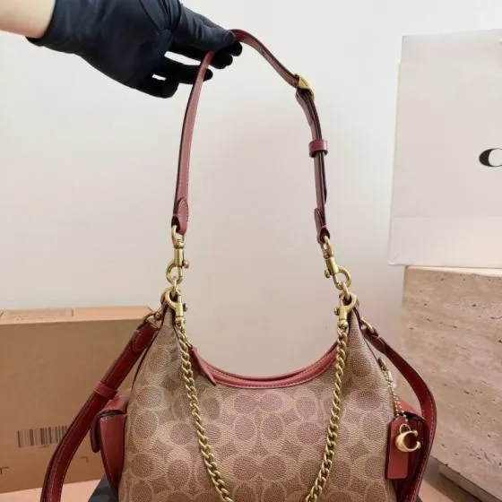 Coach Pocket Juliet Signature Canvas Tan with Rust Leather Trim 22x15cm crossbody bag Top Quality Replica