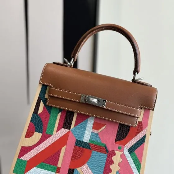 Hermes Kelly Brown wood multicolor top handle 1 1 Replica