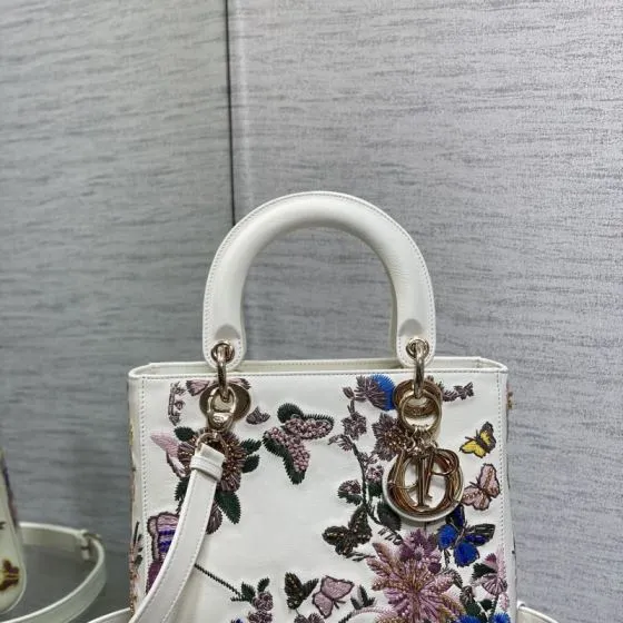 Dior Lady White floral embroidered small shoulder AAA Quality Replica