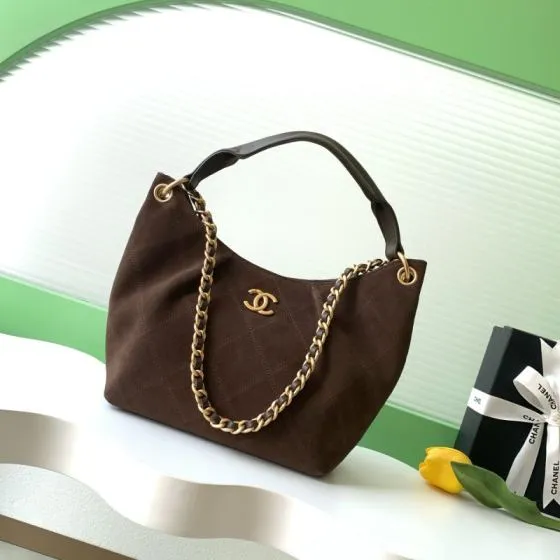 Chanel Brown suede with gold-tone chain shoulder Top Quality Replica