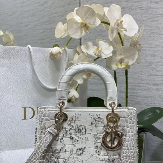 Dior Lady White crocodile-embossed leather with beading shoulder AAA Quality Replica