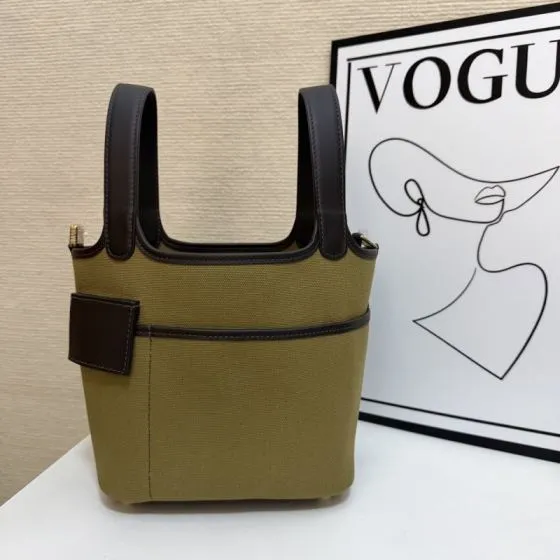 Hermes Cargo Picotin Khaki canvas with brown leather 18cm everyday — AAA Quality Replica