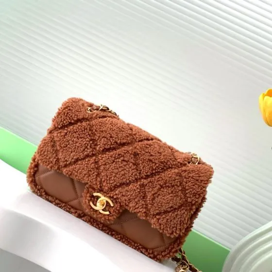 Chanel Classic Flap Brown teddy lamb wool shoulder Premium Replica