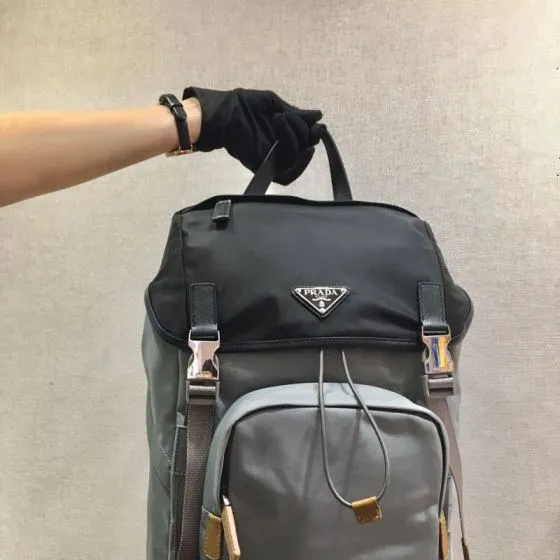 Prada Nylon black and gray with brown leather accents 27x45x17cm backpack Top Quality Replica
