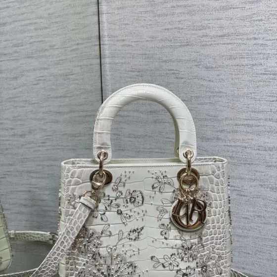 Dior Lady White crocodile-embossed with floral beading shoulder AAA Quality Replica