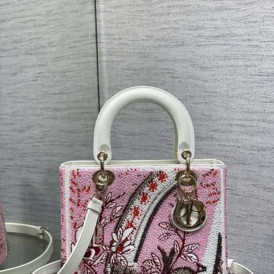 Dior Lady Pink beaded with white leather shoulder AAA Quality Replica