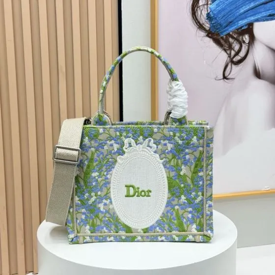 Dior Blue Green Floral Embroidery tote — AAA Quality Replica