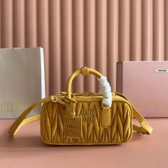 Miu Miu Arcadie Mustard yellow suede matelass 20x12cm crossbody bag AAA Quality Replica