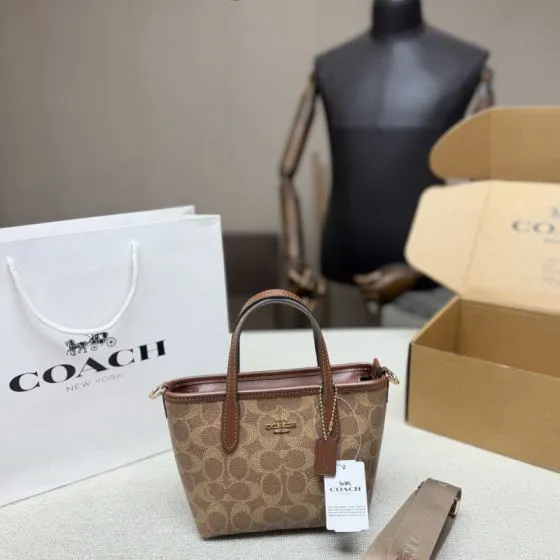 Coach City 15 Khaki Signature Coated Canvas with Brown Leather Trim 15cm tote AAA Quality Replica