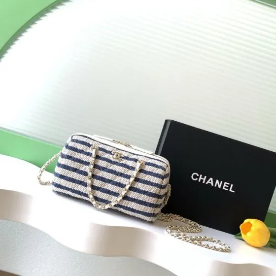 Chanel Blue and White Striped Raffia crossbody 1 1 Replica
