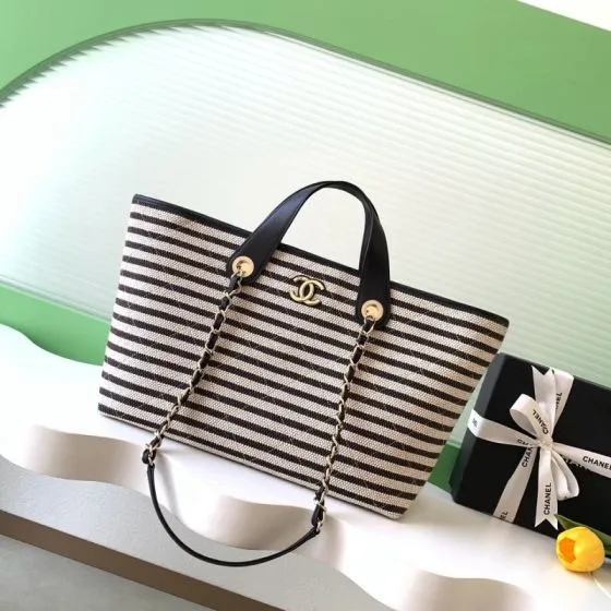 Chanel Black and White striped canvas tote Premium Replica