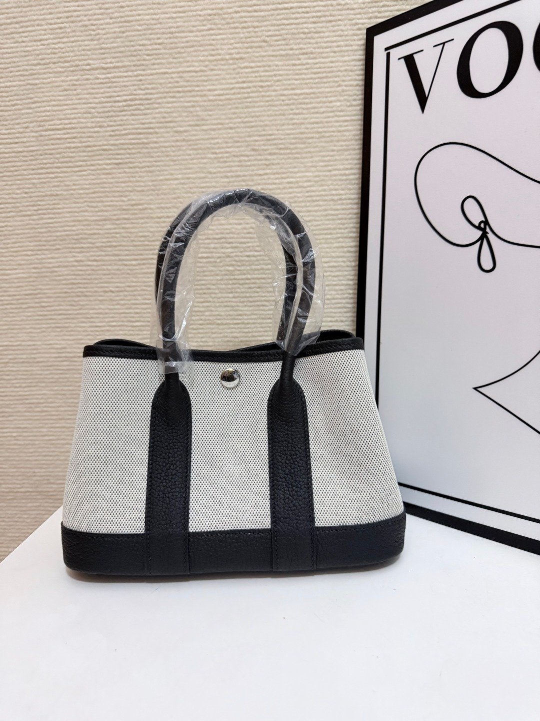 Hermes Garden Party Beige canvas and black leather 23cm tote everyday