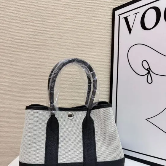 Hermes Garden Party Beige canvas and black leather 23cm tote — Top Quality Replica