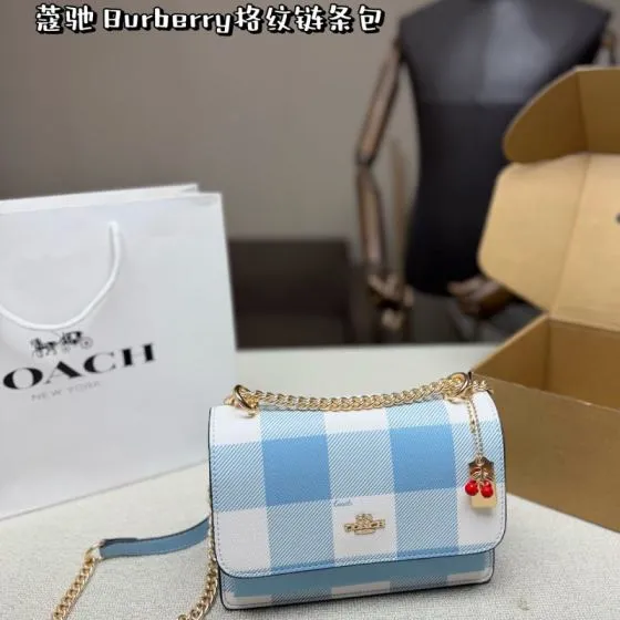 Coach Blue white gingham 21cm crossbody AAA Quality Replica