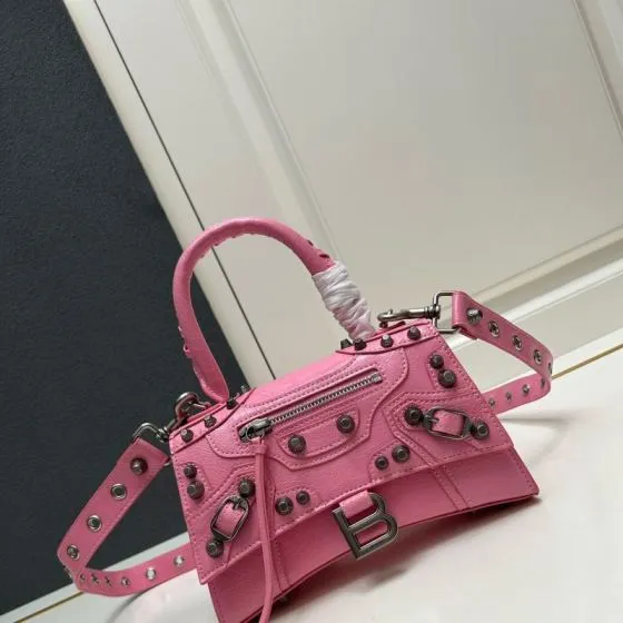 Balenciaga Hourglass Bright pink studded distressed leather 23x14x10cm crossbody Top Quality Replica