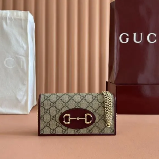 Gucci Horsebit 1955 Beige Ebony GG Supreme canvas with burgundy leather shoulder 1 1 Replica