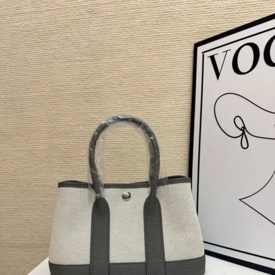 Hermes Garden Party Ecru canvas and gray leather 23cm tote — Premium Replica