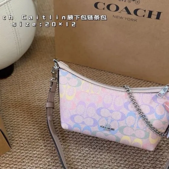 Coach Caitlin Pastel rainbow signature monogram on pink base 20x12cm crossbody Premium Replica