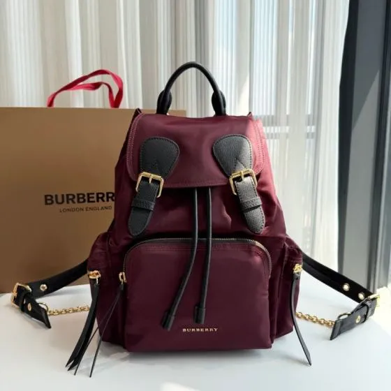 Burberry Burgundy nylon with black leather trim 22 x 14 x 33cm backpack Premium Replica