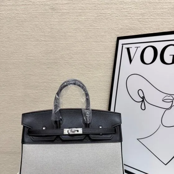 Hermes Birkin 30 Black and Beige canvas 30cm work — Top Quality Replica