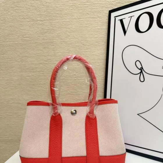 Hermes Garden Party Ecru canvas and coral orange leather 23cm tote — AAA Quality Replica