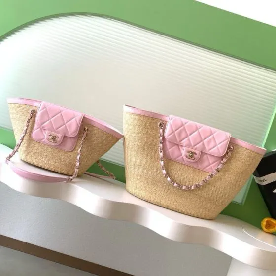 Chanel Beige straw and pink tote AAA Quality Replica