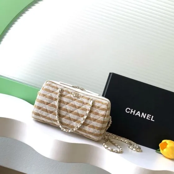 Chanel Beige White striped tweed shoulder Premium Replica